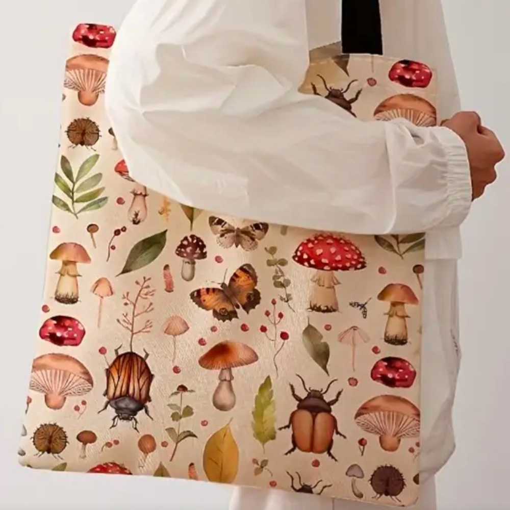 Insect and Mushroom Print Pattern Reusable Tote Bag for Women Gift